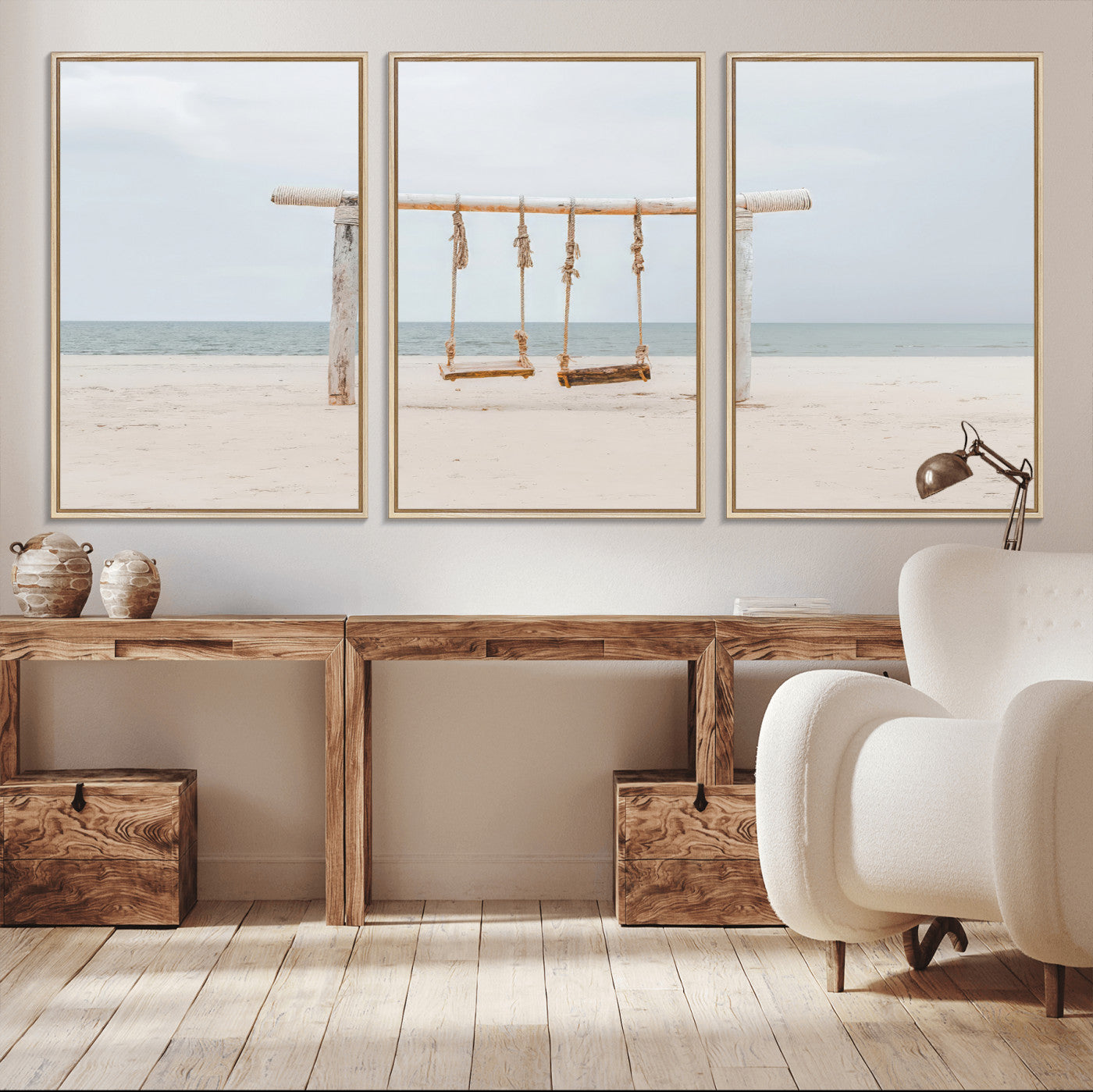 68327283-MGV-CV-36X24-Beach Swing Wall Art Canvas Print, Framed Quiet Beach Art Picture Print, Calm Shoreline Perfect Bohemian Coastal Decor Artwork