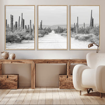 35537313-MGV-CV-36X24-Monochrome Desert Wall Art Canvas Print, Framed Cactus Path Art Picture Print, Southwestern Landscape Perfect Southwestern