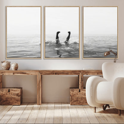 26667396-MGV-CV-36X24-Black White Ocean Wall Art Canvas Print, Framed Monochrome Water Art Picture Print, Diving into Water Perfect Minimalist Aquatic