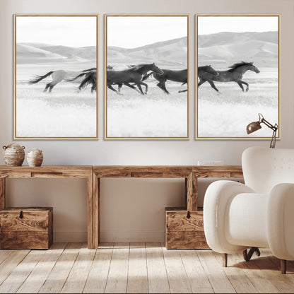69934913-MGV-CV-36X24-Wild Horses Running Wall Art Canvas Print, Framed Black White Mustangs Art Picture Print, Rustic Western Perfect Rustic Western