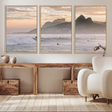 70644906-MGV-FC-60X30-3P_Natural-Sunset Surfing Wall Art Canvas Print, Framed Misty Mountains Art Picture Print, Surfer Riding Wave Perfect Coastal Adventure Decor
