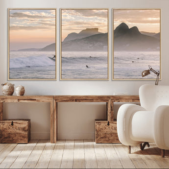 70644906-MGV-FC-60X30-3P_Natural-Sunset Surfing Wall Art Canvas Print, Framed Misty Mountains Art Picture Print, Surfer Riding Wave Perfect Coastal Adventure Decor