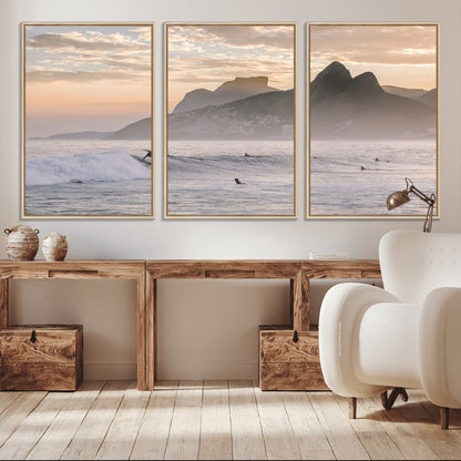 70644906-MGV-FC-60X30-3P_Natural-Sunset Surfing Wall Art Canvas Print, Framed Misty Mountains Art Picture Print, Surfer Riding Wave Perfect Coastal Adventure Decor