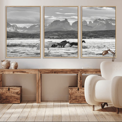 21655040-MGV-CV-36X24-Wild Horses Wall Art Canvas Print, Framed Black White Mountains Art Picture Print, Rustic Countryside Perfect Rustic Western Decor