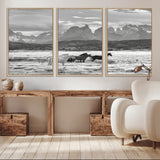 21655040-MGV-CV-36X24-Wild Horses Wall Art Canvas Print, Framed Black White Mountains Art Picture Print, Rustic Countryside Perfect Rustic Western Decor