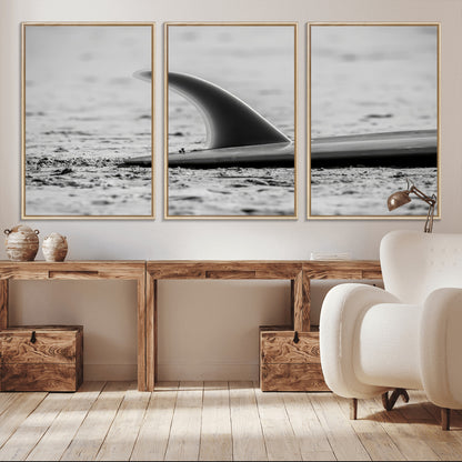 62314230-MGV-CV-36X24-Black White Surfboard Wall Art Canvas Print, Framed Minimalist Beach Art Picture Print, Surf Fin Perfect Minimalist Coastal Decor