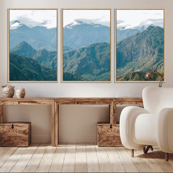 79393816-MGV-FC-60X30-3P_Natural-Misty Mountain Wall Art Canvas Print, Framed Cloudy Andean Art Picture Print, Rugged Mountain Perfect Rustic Nature Decor Artwork