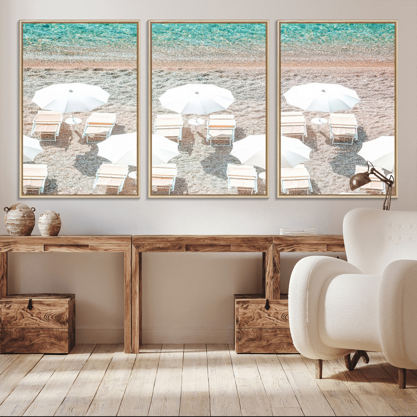 83736167-MGV-CV-36X24-Calm Beach Wall Art Canvas Print, Framed Turquoise Water Art Picture Print, Umbrella Shoreline Perfect Coastal Minimalist Decor