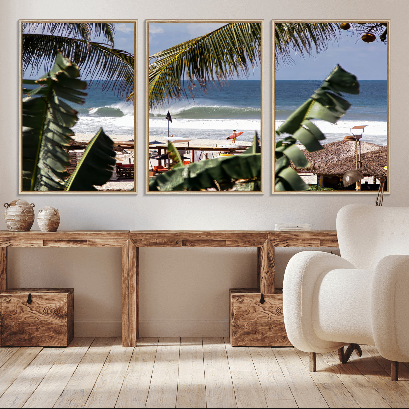 34722557-MGV-CV-36X24-Tropical Shoreline Wall Art Canvas Print, Framed Surfer Beach Art Picture Print, Coastal Surf Perfect Tropical Coastal Decor