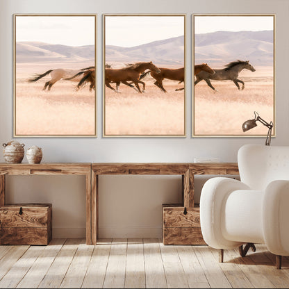 83644685-MGV-FC-60X30-3P_Natural-Wild Horse Art Wall Art Canvas Print, Framed Rustic Western Art Picture Print, Desert Horse Scene Perfect Rustic Western Decor