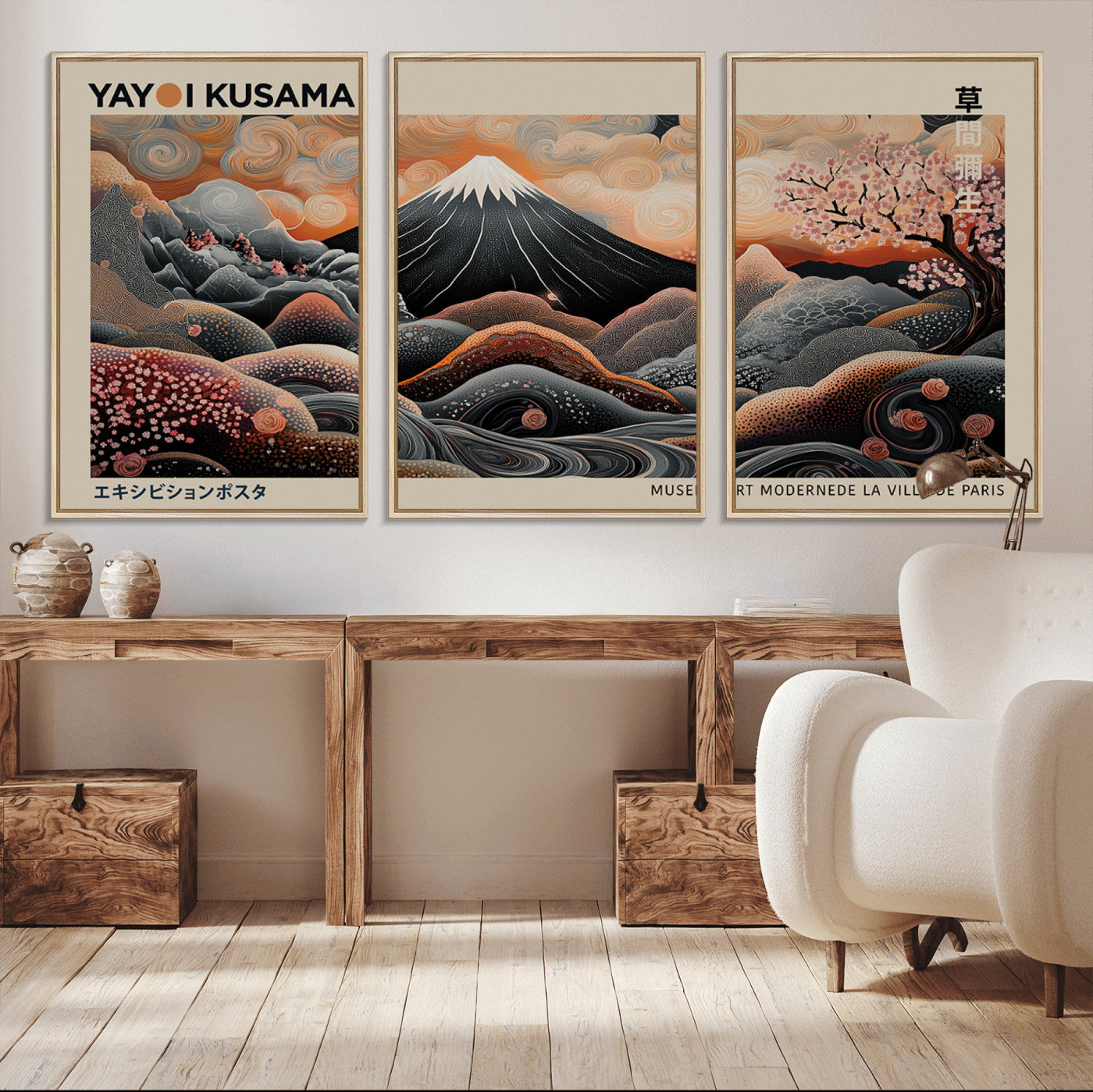 55739266-MGV-CV-36X24-Japanese Wall Art Print – Abstract Yayoi Kusama Inspired Dotted Landscape Poster, Surreal Oriental Mountain and Cherry Blossom