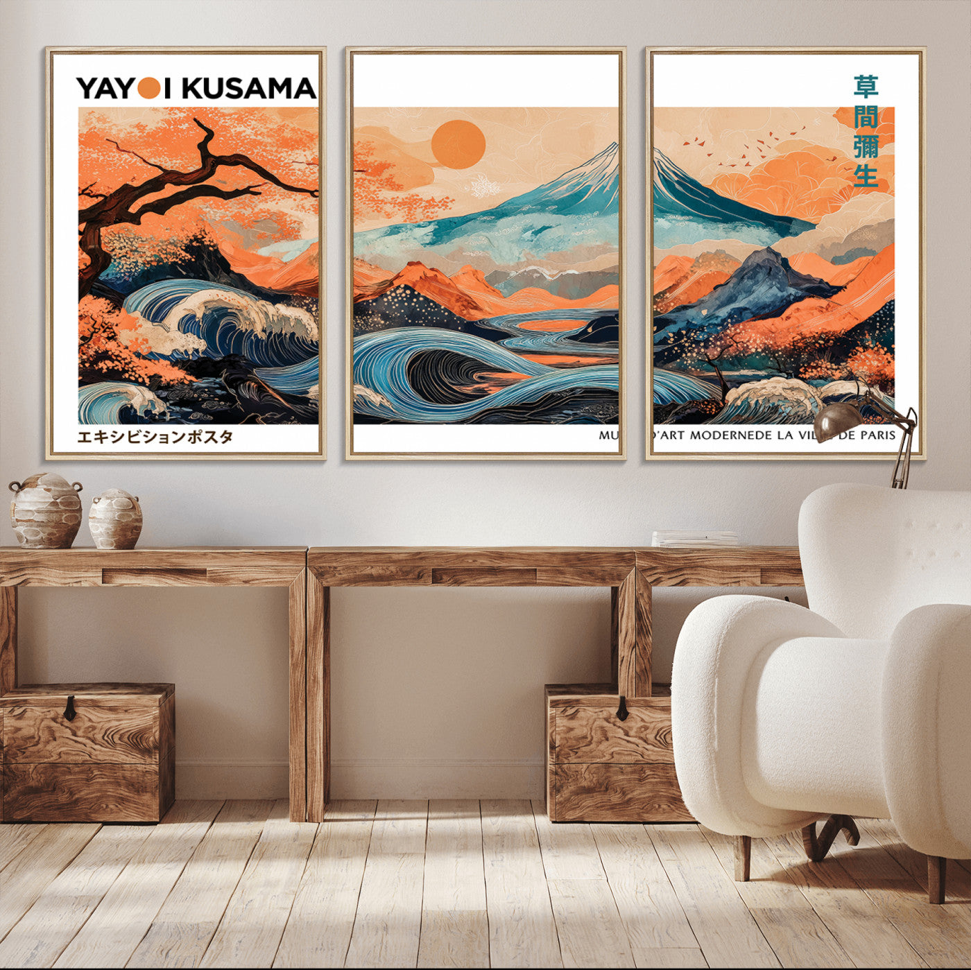 88785870-MGV-CV-36X24-Japanese Great Wave & Mt Fuji Wall Art – Ukiyo e Style Landscape Print with Flowing River, Autumn Mountain Poster, Oriental Asian