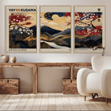 54967195-MGV-CV-36X24-Mount Fuji Wall Art – Japanese Cherry Blossom Abstract Canvas Print, Navy Gold Landscape Painting, Oriental Luxury Home Decor