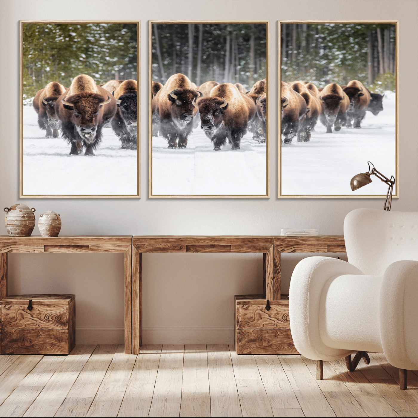 22695857-MGV-CV-36X24-Bison Herd Scene Wall Art Canvas Print, Framed Western Wildlife Art Picture Print, Rustic Animal Art Perfect Rustic Lodge Decor