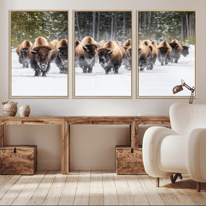 22695857-MGV-CV-36X24-Bison Herd Scene Wall Art Canvas Print, Framed Western Wildlife Art Picture Print, Rustic Animal Art Perfect Rustic Lodge Decor