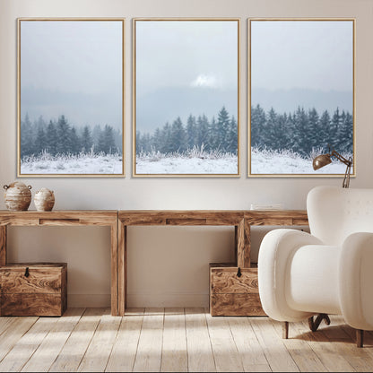 33033082-MGV-CV-36X24-Winter Forest Art Wall Art Canvas Print, Framed Snowy Landscape Art Picture Print, Misty Tree Scene Perfect Nordic Minimalist