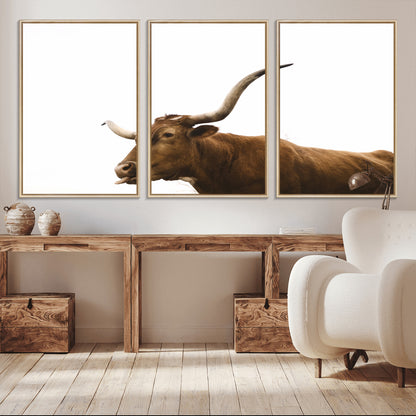 62566114-MGV-FC-60X30-3P_Natural-Longhorn Cow Art Wall Art Canvas Print, Framed Rustic Animal Decor Art Picture Print, Texas Bull Photo Perfect Rustic Farmhouse