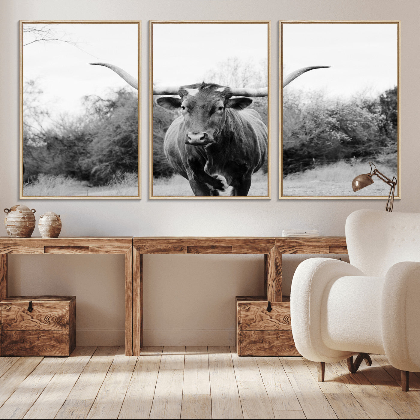 97280319-MGV-CV-36X24-Longhorn Photography Wall Art Canvas Print, Framed Western Cow Decor Art Picture Print, Texas Ranch Style Perfect Rustic Farmhouse