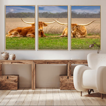 97244565-MGV-CV-36X24-Longhorn Duo Wall Art Canvas Print, Framed Cozy Ranch Vibes Art Picture Print, Western Ranch Decor Perfect Rustic Farmhouse Decor