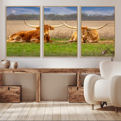 97244565-MGV-CV-36X24-Longhorn Duo Wall Art Canvas Print, Framed Cozy Ranch Vibes Art Picture Print, Western Ranch Decor Perfect Rustic Farmhouse Decor