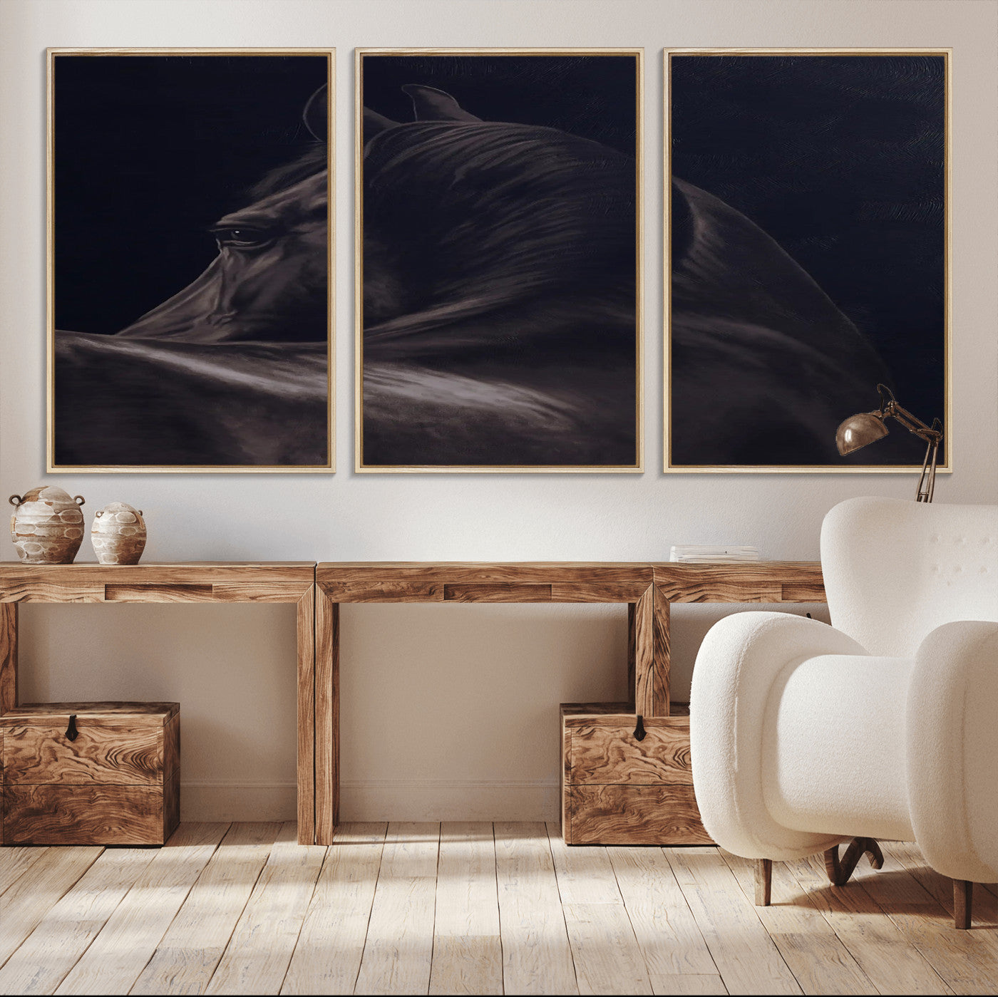 67026880-MGV-CV-36X24-Black Horse Portrait Wall Art Canvas Print, Framed Moody Horse Decor Art Picture Print, Equestrian Wall Style Perfect Masculine