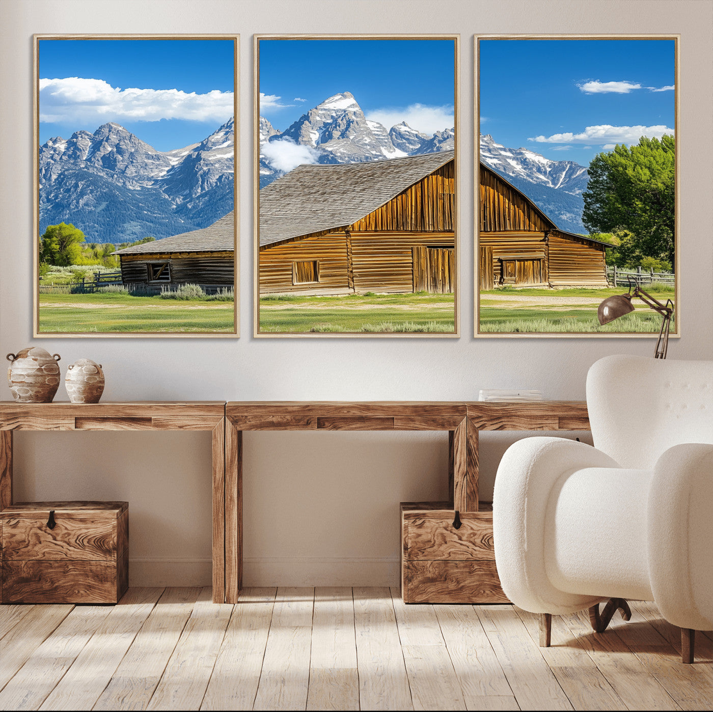 75948467-MGV-CV-36X24-Mountain Barn Scene Wall Art Canvas Print, Framed Rustic Farmhouse Style Art Picture Print, Country Cabin Decor Perfect Rustic