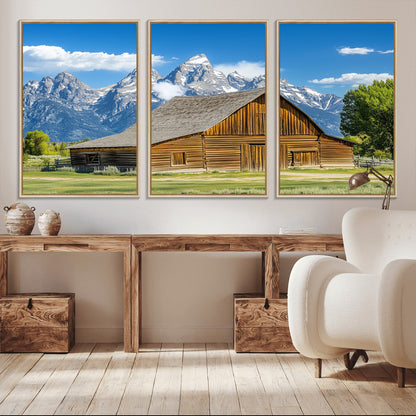 75948467-MGV-CV-36X24-Mountain Barn Scene Wall Art Canvas Print, Framed Rustic Farmhouse Style Art Picture Print, Country Cabin Decor Perfect Rustic