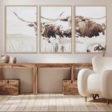 48161868-MGV-FC-60X30-3P_Natural-Longhorn Cow Decor Wall Art Canvas Print, Framed Rustic Cattle Art Picture Print, Sepia Western Vibe Perfect Neutral Rustic