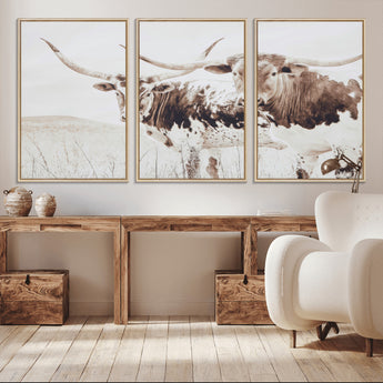 48161868-MGV-FC-60X30-3P_Natural-Longhorn Cow Decor Wall Art Canvas Print, Framed Rustic Cattle Art Picture Print, Sepia Western Vibe Perfect Neutral Rustic