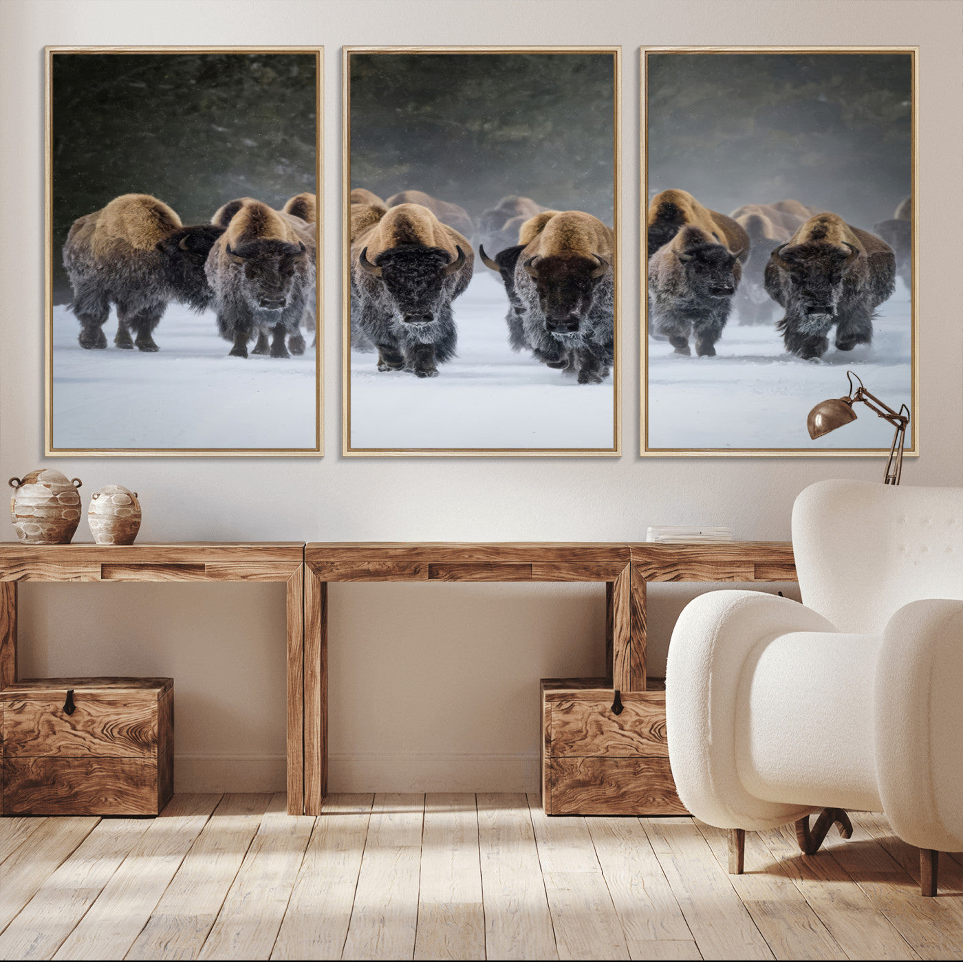 41669135-MGV-CV-36X24-Bison Herd Scene Wall Art Canvas Print, Framed Rustic Wildlife Decor Art Picture Print, Snowy Bison Landscape Perfect Rustic
