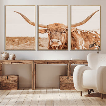 74406977-MGV-CV-36X24-Longhorn Bull Decor Wall Art Canvas Print, Framed Western Cow Theme Art Picture Print, Rustic Farmhouse Wall Perfect Neutral