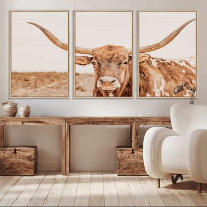 74406977-MGV-CV-36X24-Longhorn Bull Decor Wall Art Canvas Print, Framed Western Cow Theme Art Picture Print, Rustic Farmhouse Wall Perfect Neutral