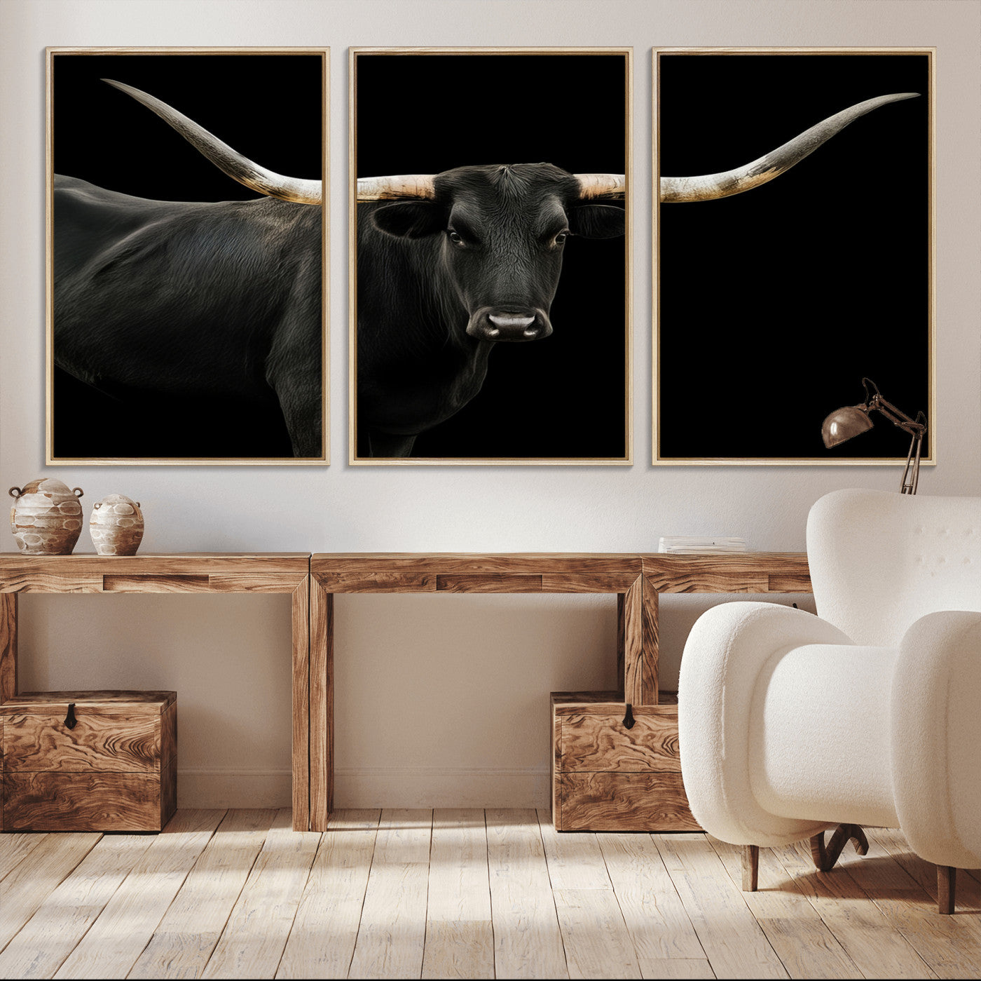 23572907-MGV-CV-36X24-Texas Longhorn Wall Art Canvas Print, Framed Rustic Western Decor Art Picture Print, Farmhouse Animal Perfect Modern Western