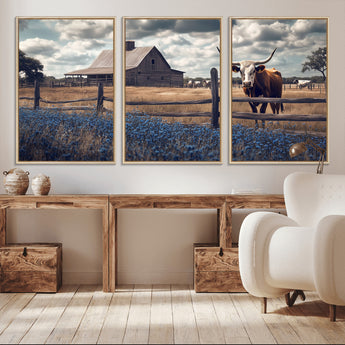 51092814-MGV-CV-36X24-Texas Longhorn Wall Art Wall Art Canvas Print, Framed Rustic Barn Canvas Art Picture Print, Farmhouse Cow Decor Perfect Rustic