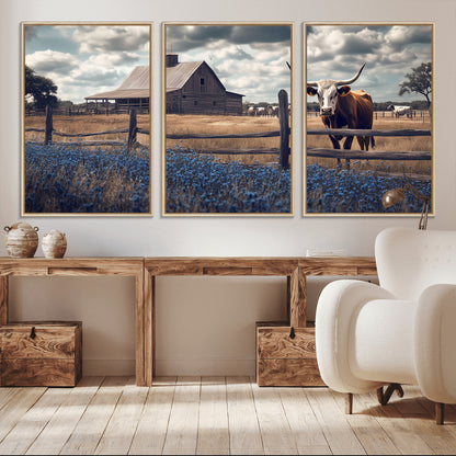 51092814-MGV-CV-36X24-Texas Longhorn Wall Art Wall Art Canvas Print, Framed Rustic Barn Canvas Art Picture Print, Farmhouse Cow Decor Perfect Rustic