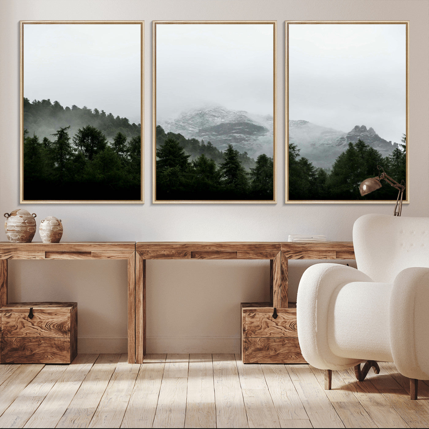 55968349-MGV-CV-36X24-Misty Mountains Wall Art Canvas Print, Framed Foggy Forest Art Picture Print, Snowy Peaks Perfect Moody Wilderness Decor Artwork