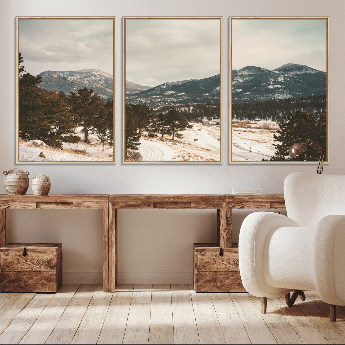 77311749-MGV-FC-60X30-3P_Natural-Mountain Landscape Wall Art Canvas Print, Framed Snowy Peaks Art Picture Print, Alpine Aesthetic Perfect Rustic Winter Decor