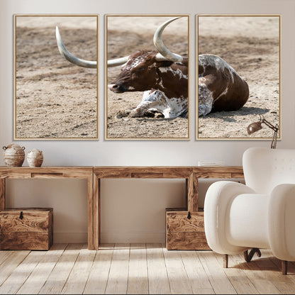 76549210-MGV-CV-36X24-Texas Longhorn Wall Art Canvas Print, Framed Country Living Art Picture Print, Farmhouse Aesthetic Perfect Western Rustic Decor