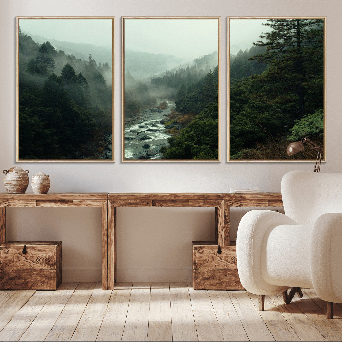 48497565-MGV-CV-36X24-Misty Forest Wall Art Canvas Print, Framed Foggy River Art Picture Print, Moody Landscape Perfect Moody Wilderness Decor Artwork