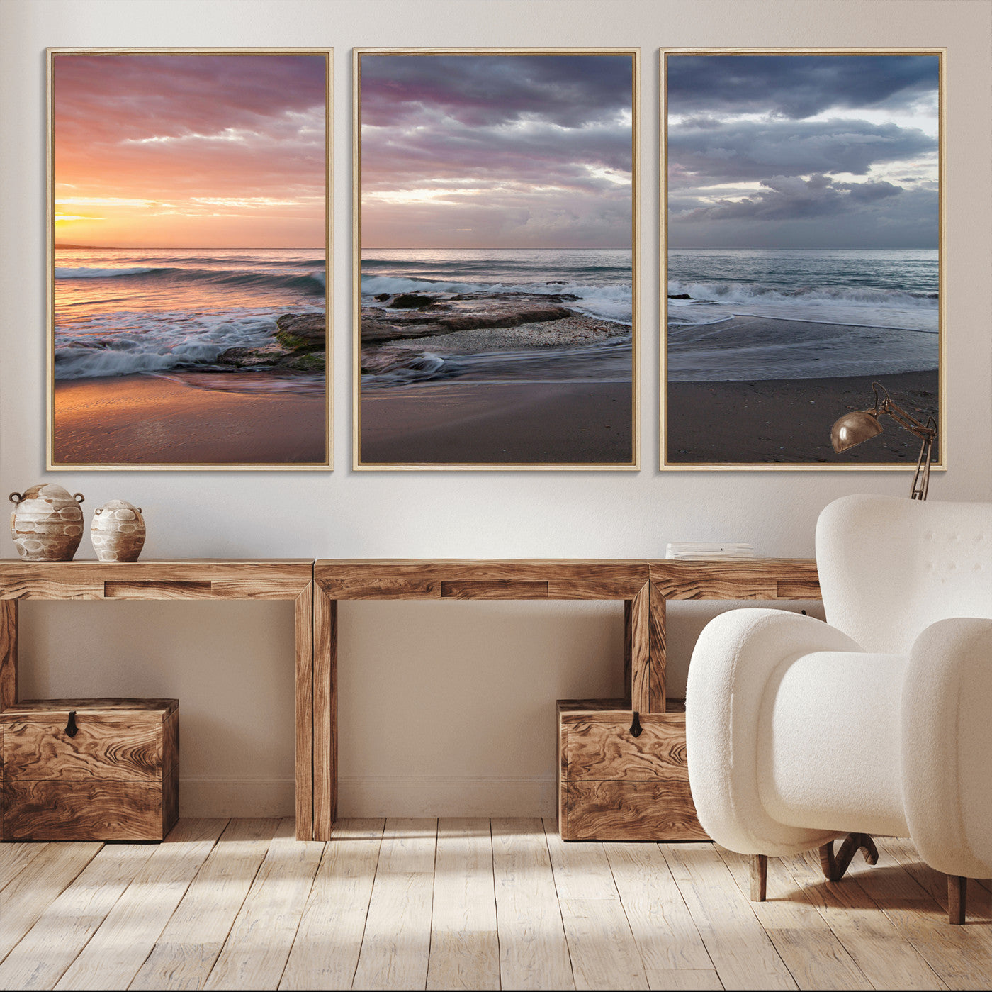 94208089-MGV-CV-36X24-Golden Hour Wall Art Canvas Print, Framed Tranquil Waves Art Picture Print, Beach Horizon Perfect Coastal Serenity Decor Artwork