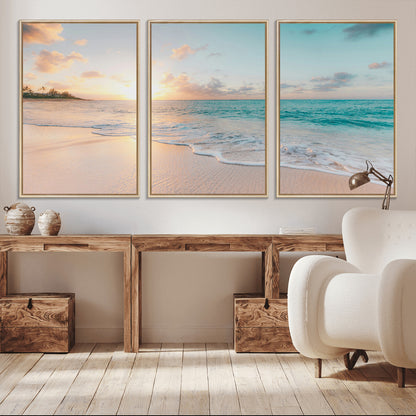 94538225-MGV-CV-36X24-Beach Sunset Wall Art Canvas Print, Framed Ocean Waves Art Picture Print, Summer Escape Perfect Coastal Serenity Decor Artwork