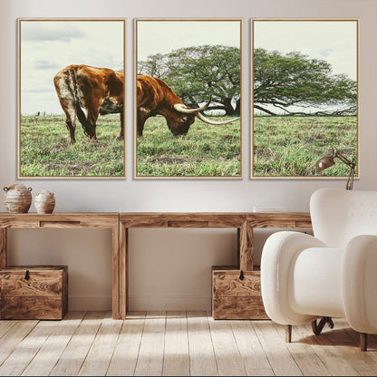 91866234-MGV-CV-36X24-Texas Longhorn Wall Art Canvas Print, Framed Rustic Ranch Art Picture Print, Western Cattle Perfect Rustic Farmhouse Decor Artwork