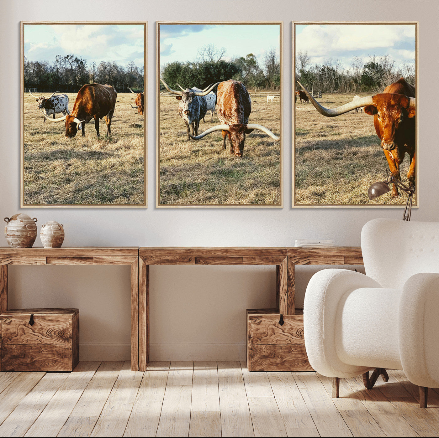 39144651-MGV-CV-36X24-Texas Longhorns Wall Art Canvas Print, Framed Rustic Farm Scene Art Picture Print, Western Cattle Perfect Rustic Farmhouse Decor