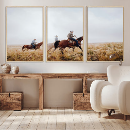94723307-MGV-CV-36X24-Western Cowboys Wall Art Canvas Print, Framed Rustic Prairie Art Picture Print, Horseback Riding Perfect Rustic Western Decor