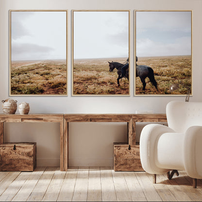 57597730-MGV-FC-60X30-3P_Natural-Cowboy Wall Art Wall Art Canvas Print, Framed Western Canvas Art Picture Print, Rustic Ranch Scene Perfect Rustic Western Decor