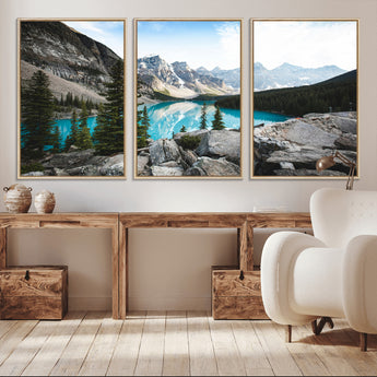 98014896-MGV-CV-36X24-Canadian Rockies Wall Art Canvas Print, Framed Mountain Landscape Art Picture Print, Turquoise Water Perfect Scandinavian