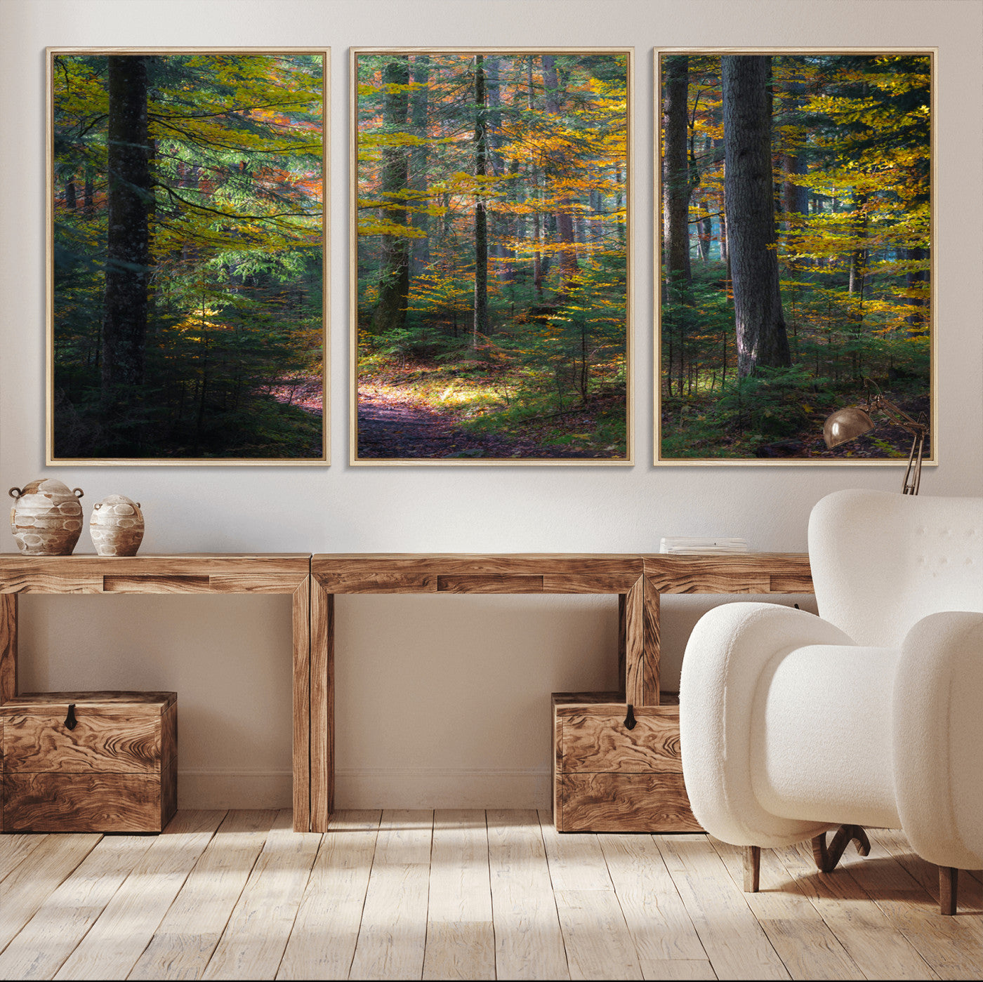 65810864-MGV-CV-36X24-Autumn Forest Wall Art Canvas Print, Framed Fall Woodland Art Picture Print, Golden Leaves Perfect Rustic Farmhouse Decor Artwork