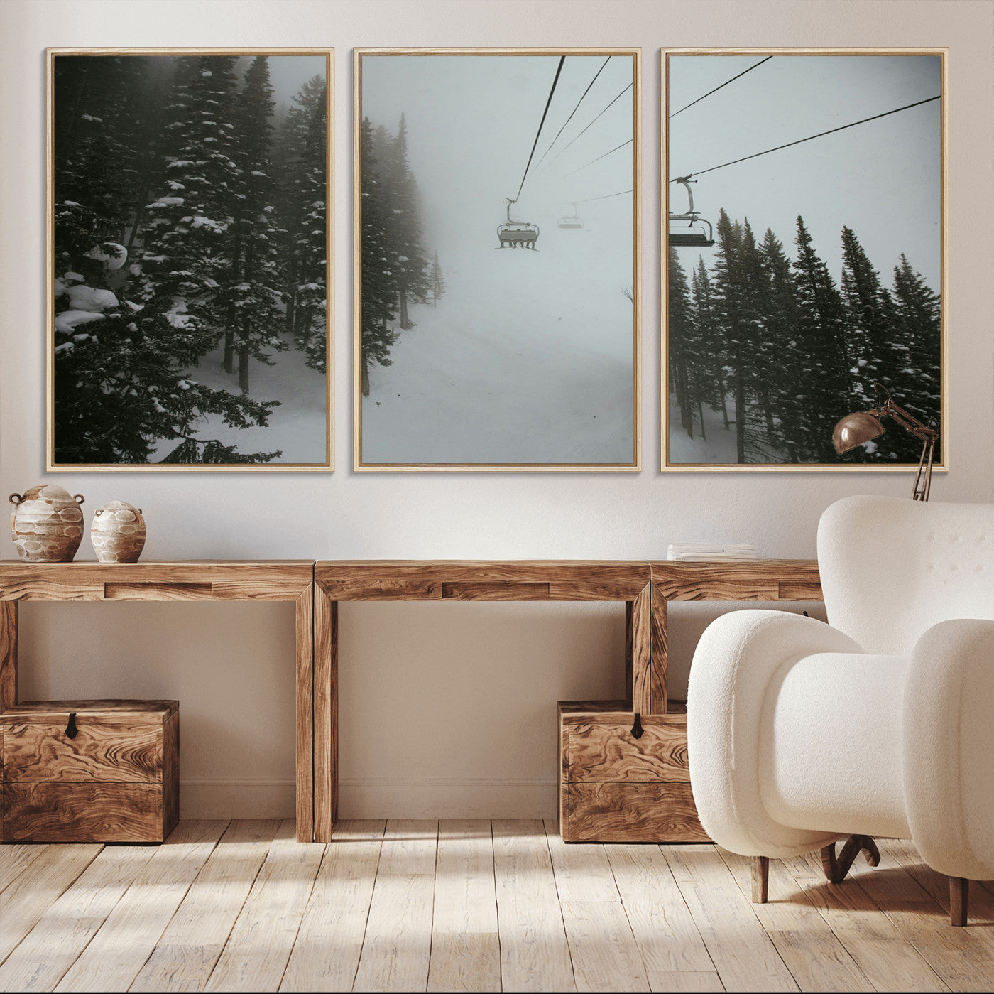 87018452-MGV-CV-36X24-Ski Lift Wall Art Canvas Print, Framed Snowy Pines Art Picture Print, Misty Landscape Perfect Winter Serenity Decor Artwork