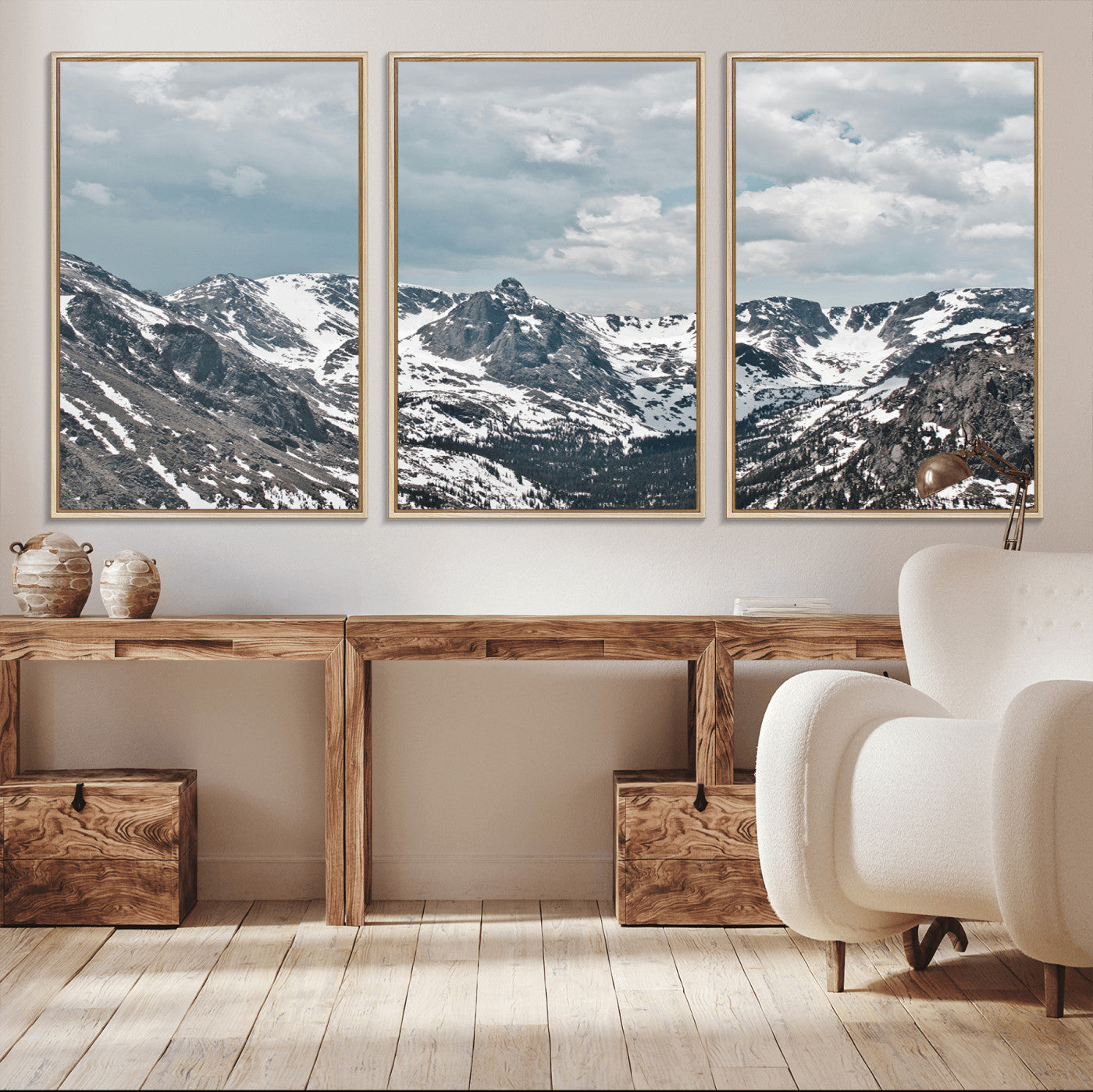 94074619-MGV-FC-60X30-3P_Natural-Snowy Peaks Wall Art Canvas Print, Framed Alpine Wilderness Art Picture Print, Mountain Escape Perfect Winter Serenity Decor