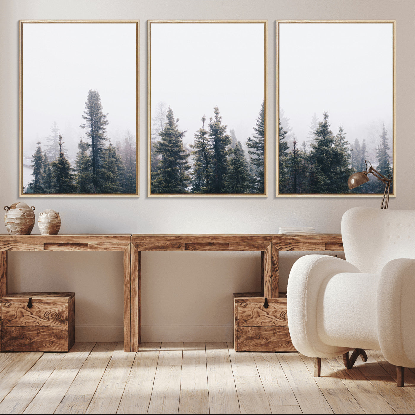 42364796-MGV-CV-36X24-Foggy Forest Wall Art Canvas Print, Framed Misty Pines Art Picture Print, Moody Woodland Perfect Scandinavian Minimalist Decor